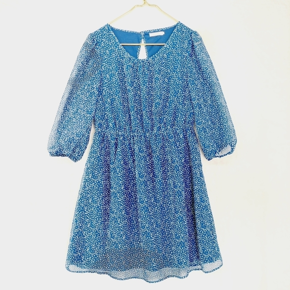 Tulle Blue White Floral Summer Waist Tie 3/4 Sleeve Boho Midi Dress P4132